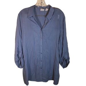 Chicos women’s button up blouse size 2 large 3/4 sleeve roll tab Blue rayon